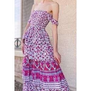 Abel the Label Smocked Bodice Floral Tiered Maxi Dress Pink/Purple size Small